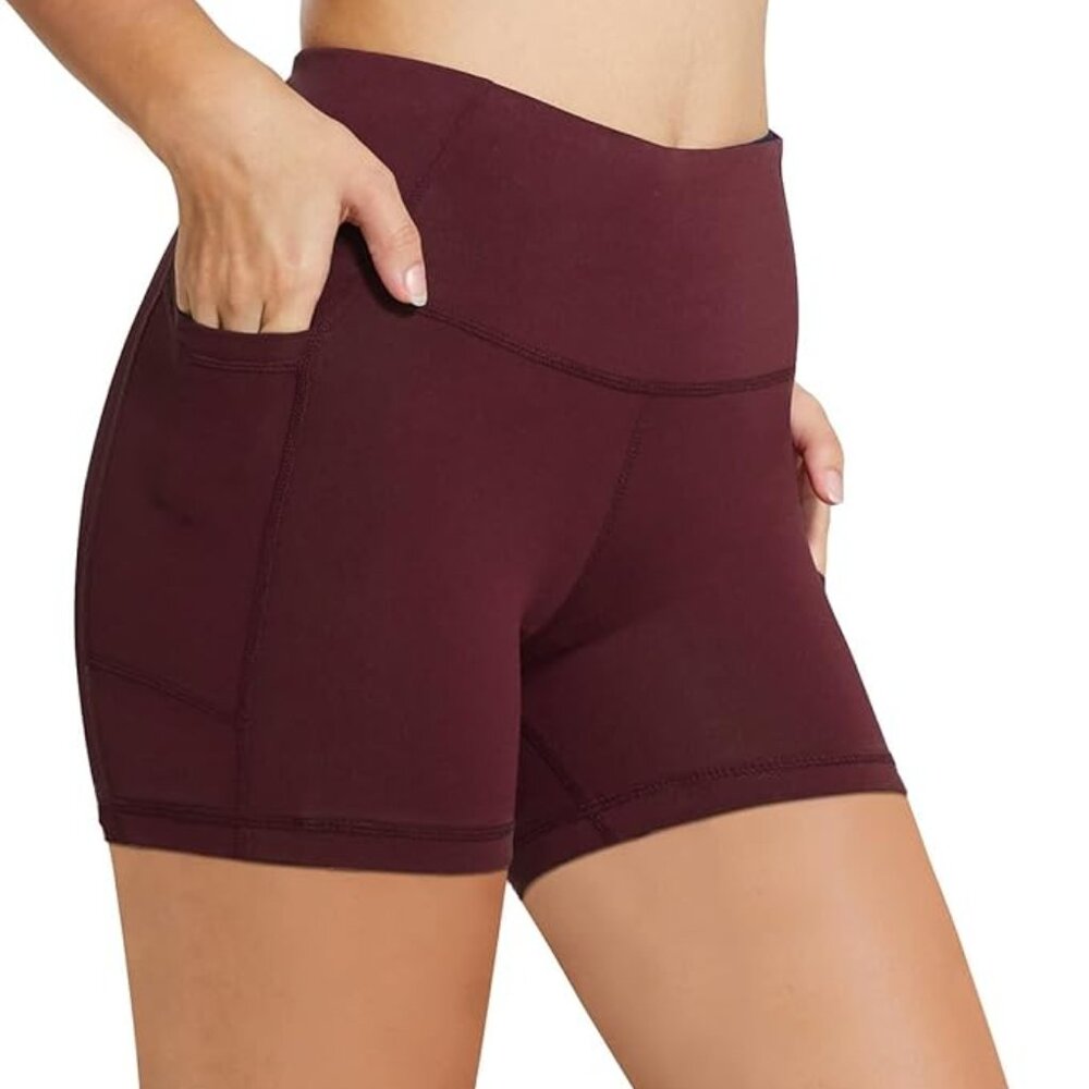 Baleaf High-Waisted Pocket 5" Biker Shorts in Ruby/Wine